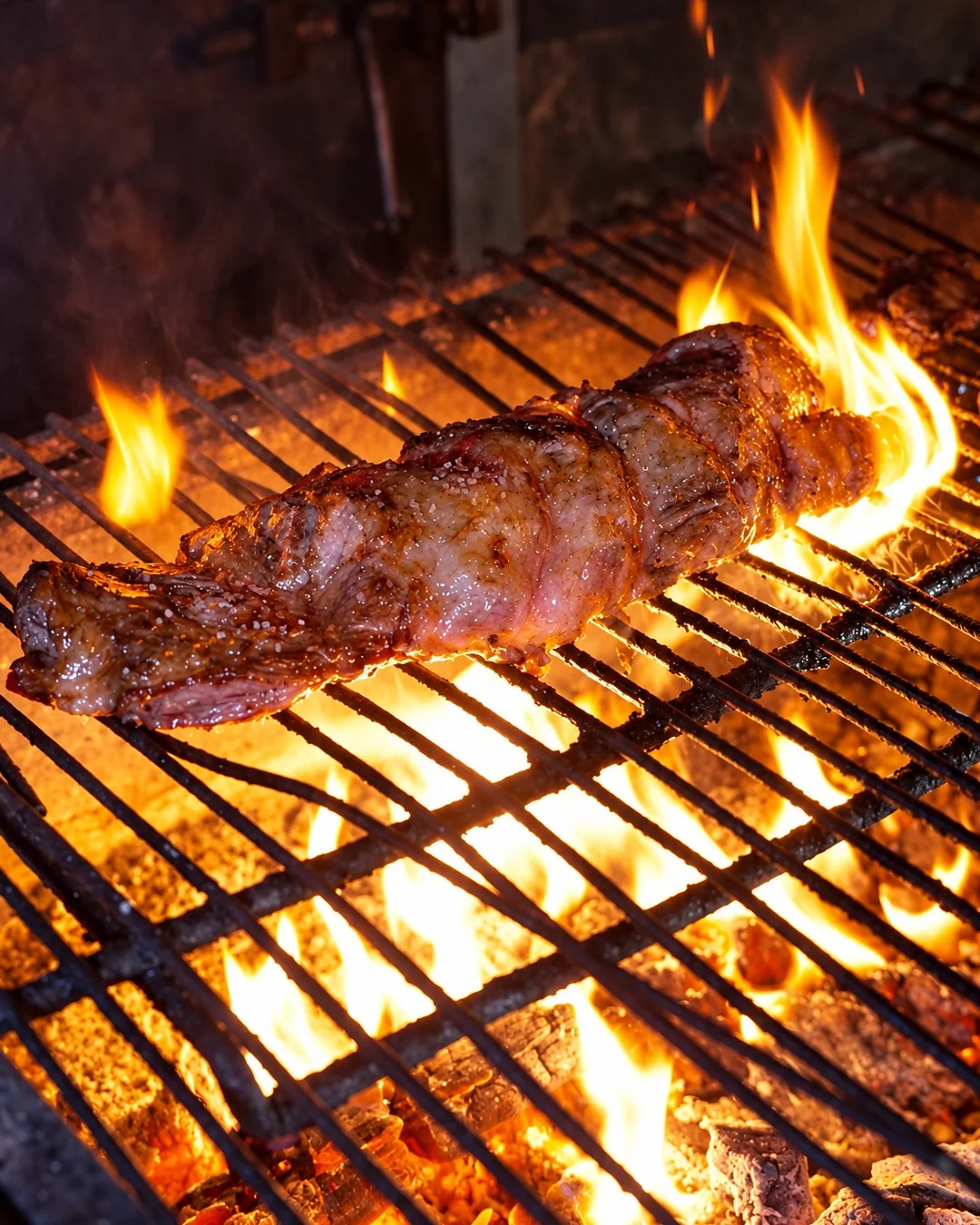 Beef cooking over flames at Borralho