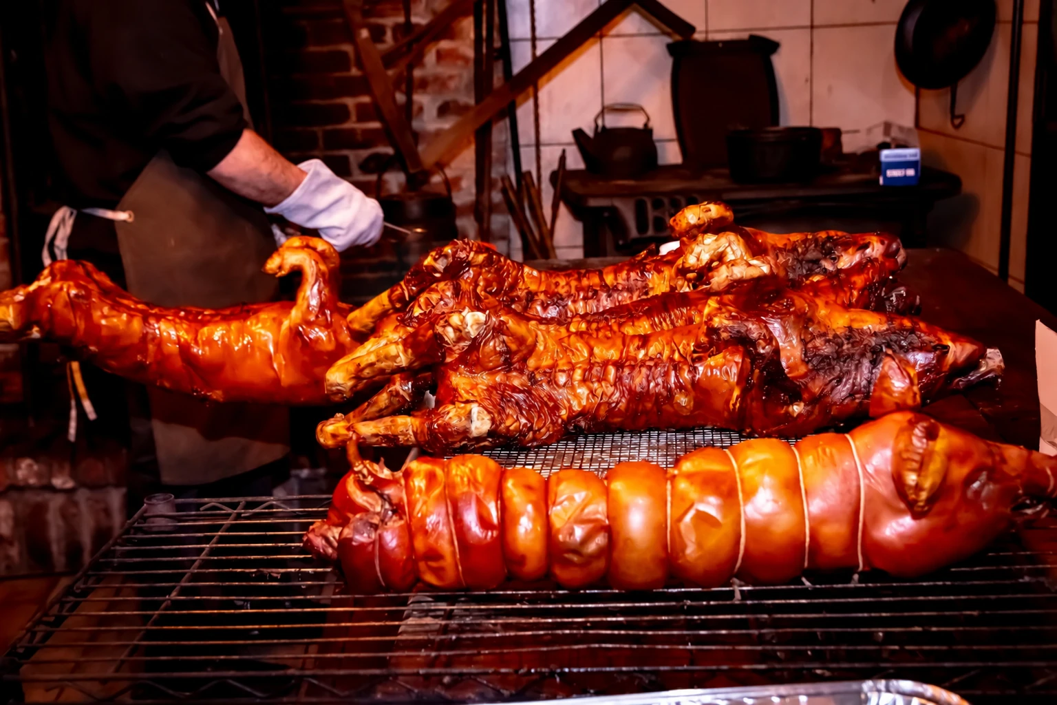 Golden roast leitão, prepared in the Portuguese tradition at Borralho